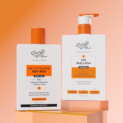 Chemist at Play Body Wash 7.9 fl oz, AHA Lotion 236ml & Underarm Roll-On 1.35 fl oz Combo for Dry Rough Skin, Gentle